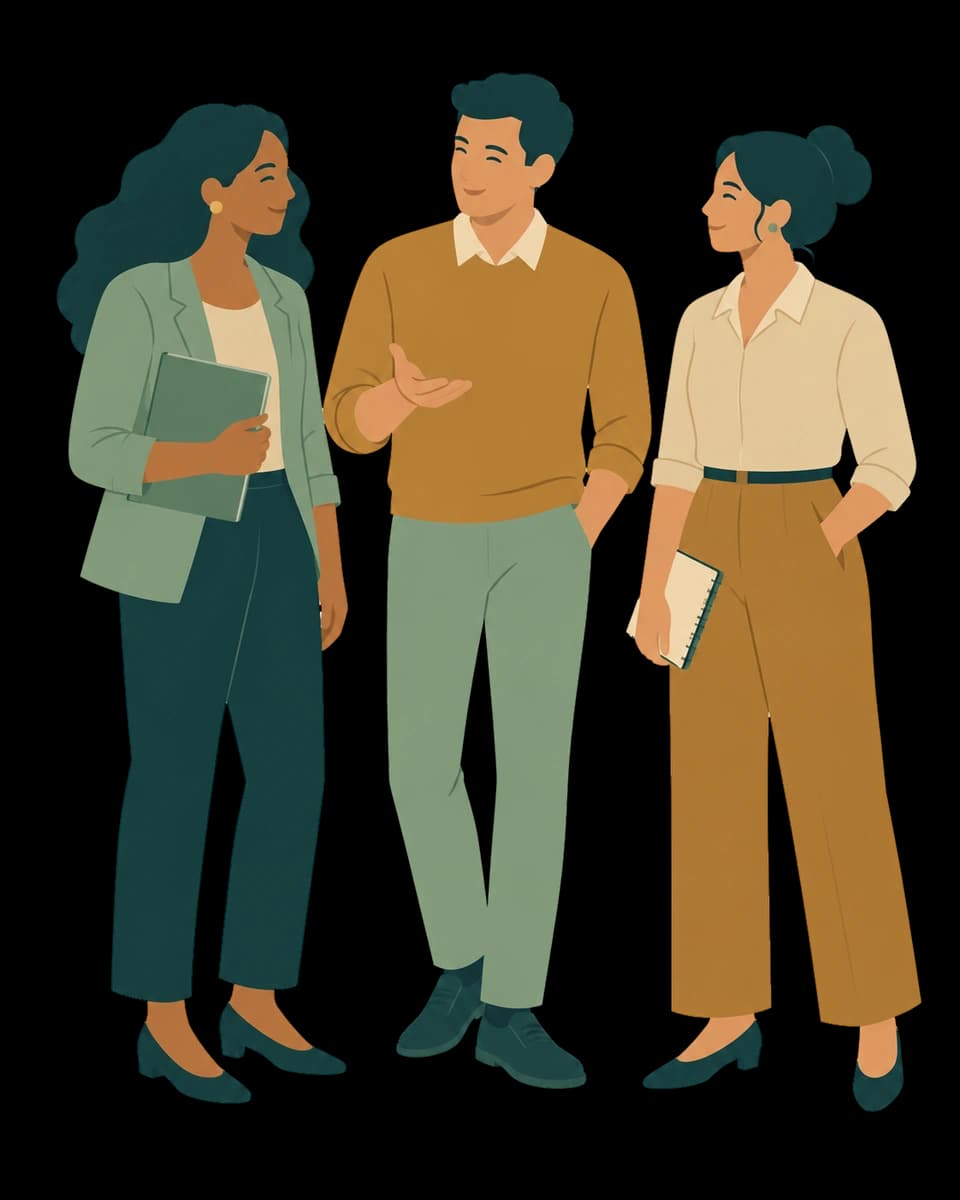 Editorial illustration of three colleagues in conversation