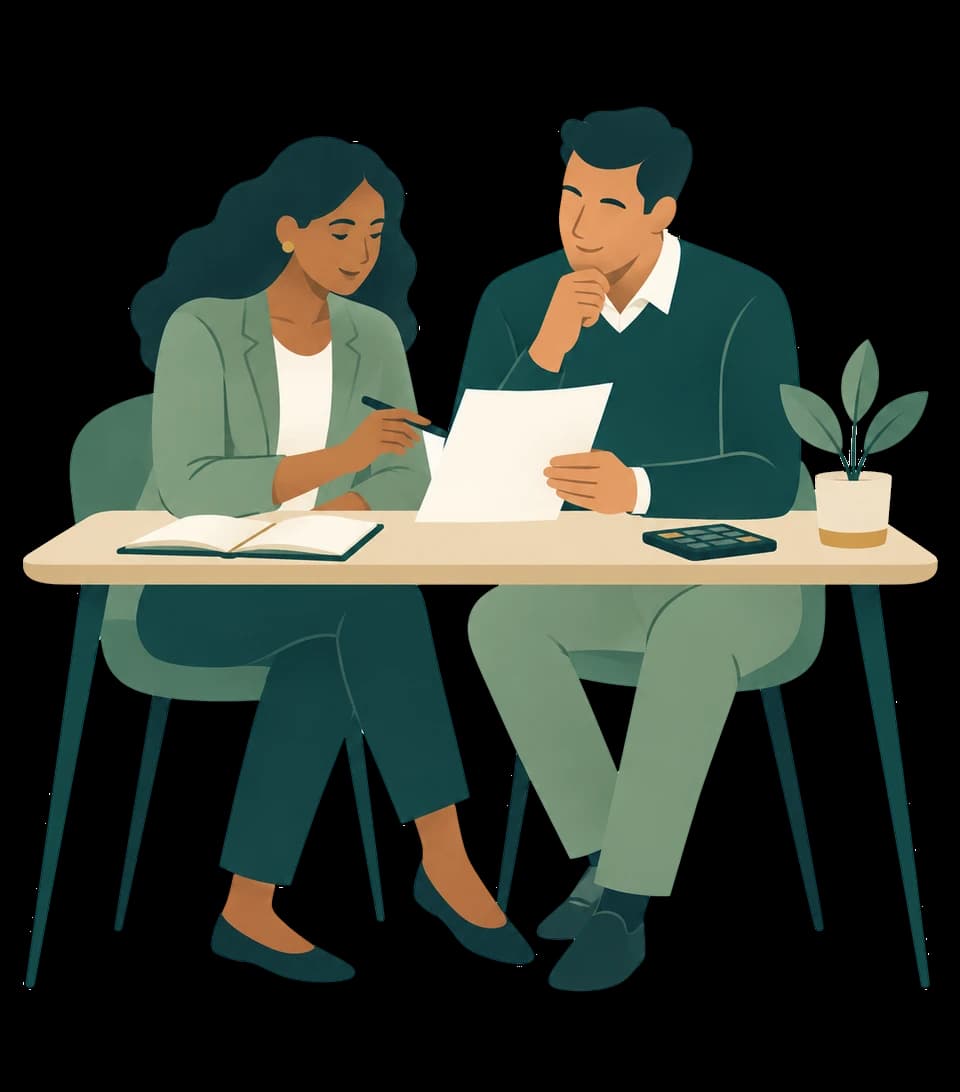 Editorial illustration of two professionals reviewing a document together